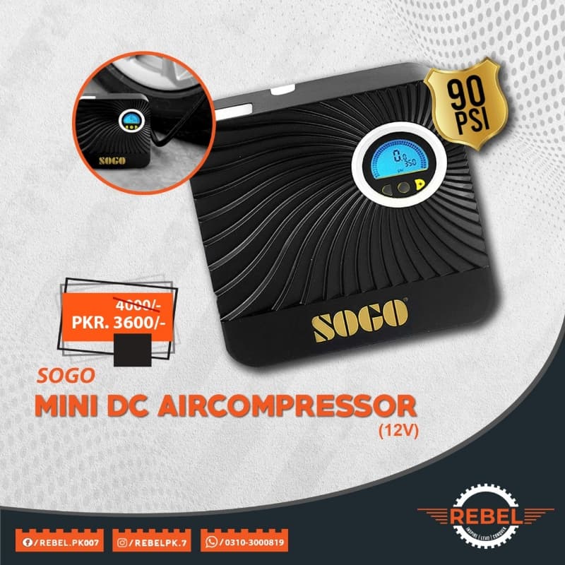 Sogo Air compressor Pump 12V DC- Mini Tire Inflator for Car and Motorcycle